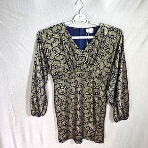 IZIA Velvet Paisley Foil V-Neck Balloon Sleeve Mini Dress in Navy Gold Size S